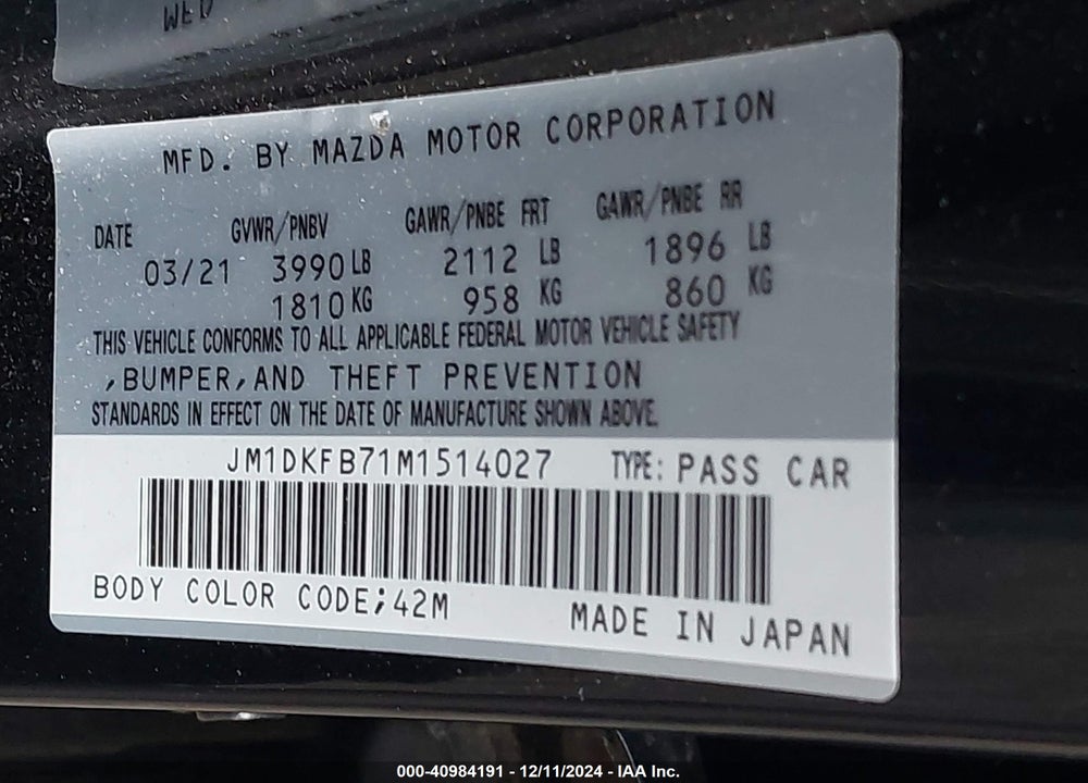 2021 MAZDA CX-3 SPORT VIN: JM1DKFB71M1514027