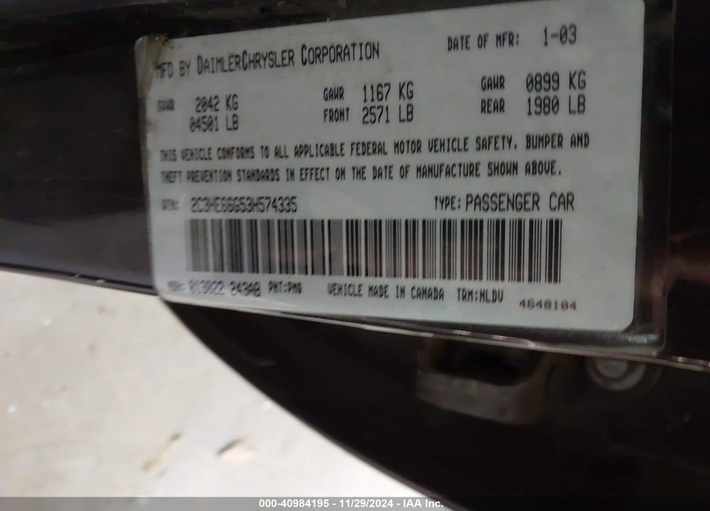 2003 CHRYSLER 300M VIN: 2C3HE66G53H574335