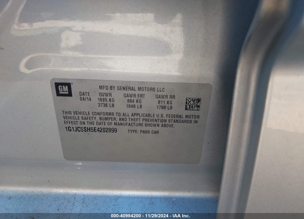 2014 CHEVROLET SONIC LT AUTO VIN: 1G1JC5SH5E4202899