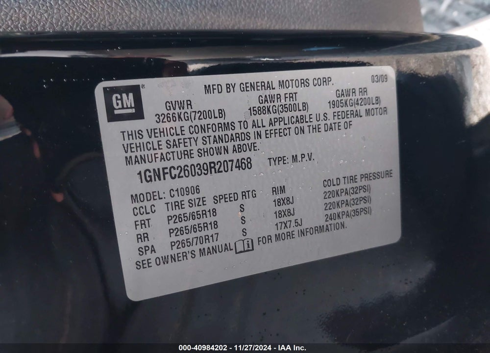 2009 CHEVROLET SUBURBAN 1500 LT2 VIN: 1GNFC26039R207468