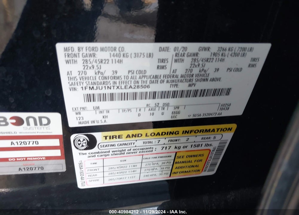 2020 FORD EXPEDITION KING RANCH VIN: 1FMJU1NTXLEA28506