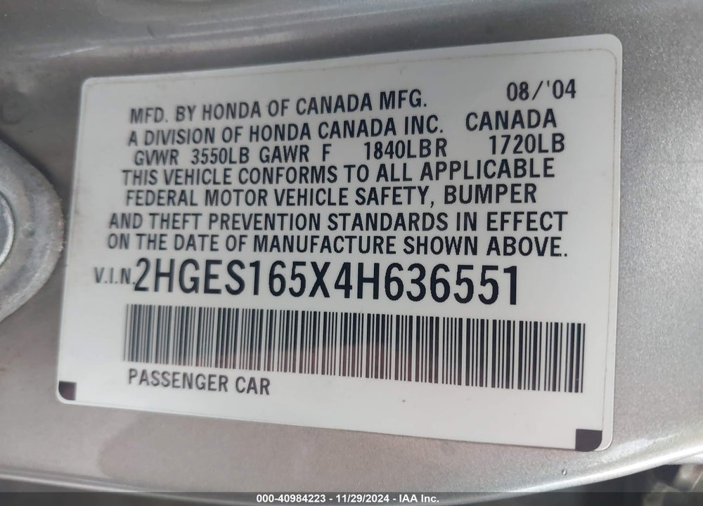 2004 HONDA CIVIC LX VIN: 2HGES165X4H636551