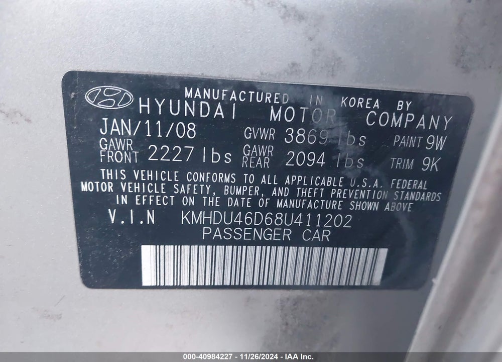 2008 HYUNDAI ELANTRA GLS/SE VIN: KMHDU46D68U411202