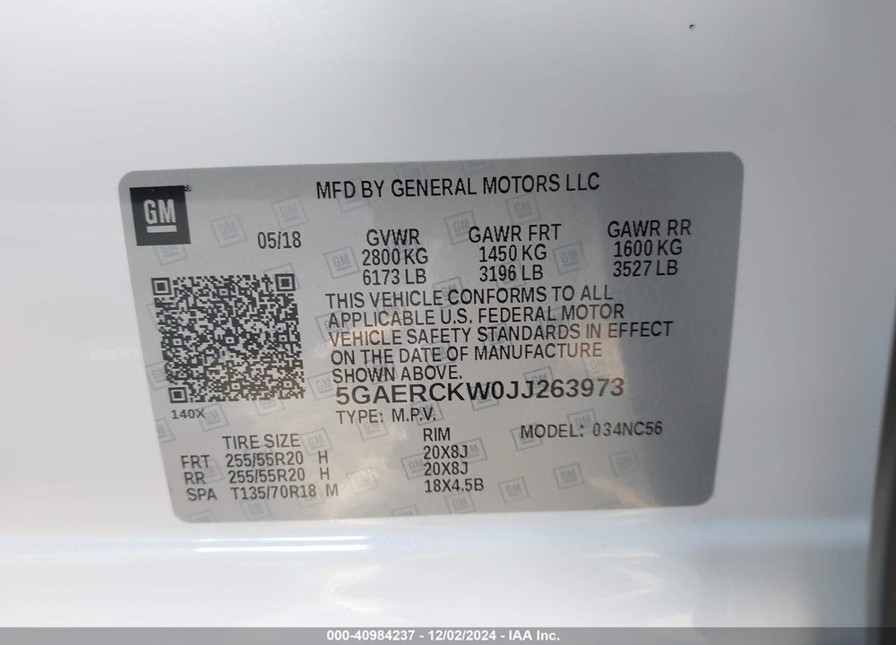 2018 BUICK ENCLAVE PREMIUM VIN: 5GAERCKW0JJ263973