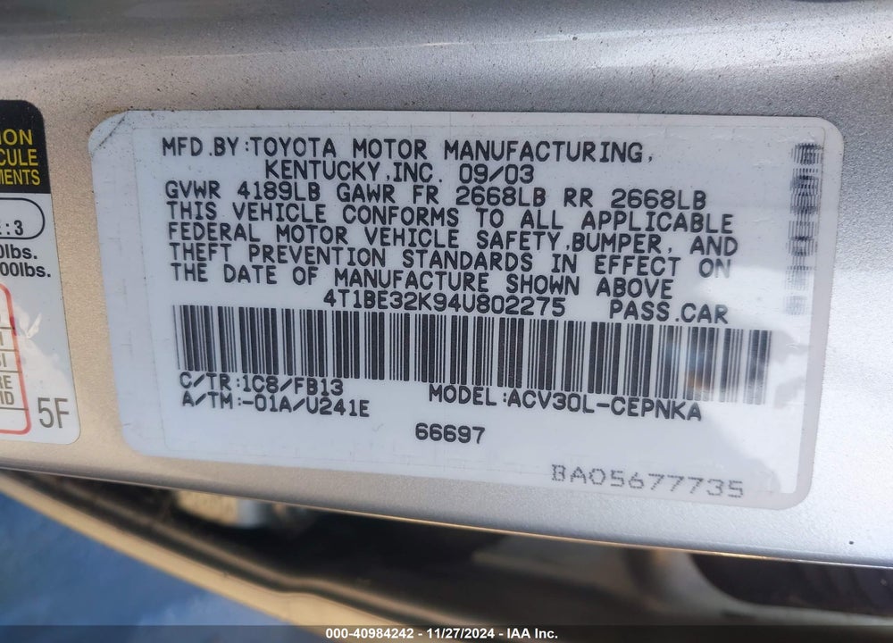2004 TOYOTA CAMRY LE VIN: 4T1BE32K94U802275