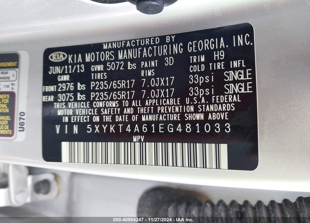 2014 KIA SORENTO LX VIN: 5XYKT4A61EG481033