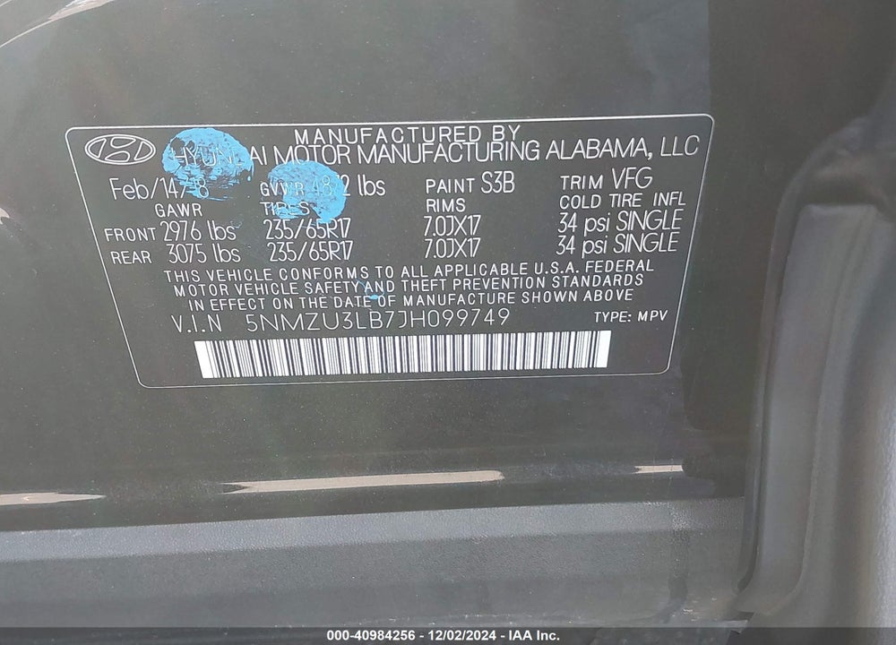 2018 HYUNDAI SANTA FE SPORT 2.4L VIN: 5NMZU3LB7JH099749