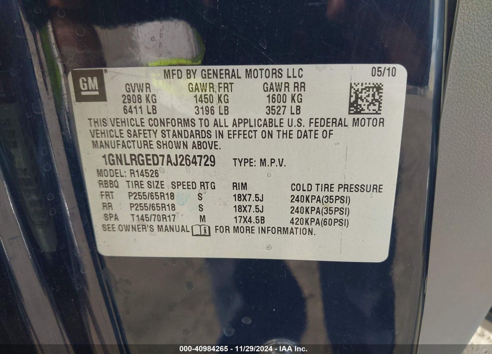 2010 CHEVROLET TRAVERSE LT VIN: 1GNLRGED7AJ264729