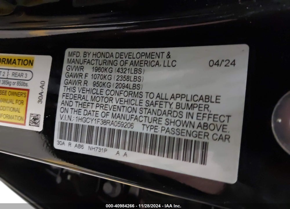 2024 HONDA ACCORD VIN: 1HGCY1F38RA059206