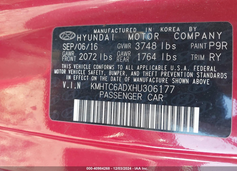 2017 HYUNDAI VELOSTER VIN: KMHTC6ADXHU306177