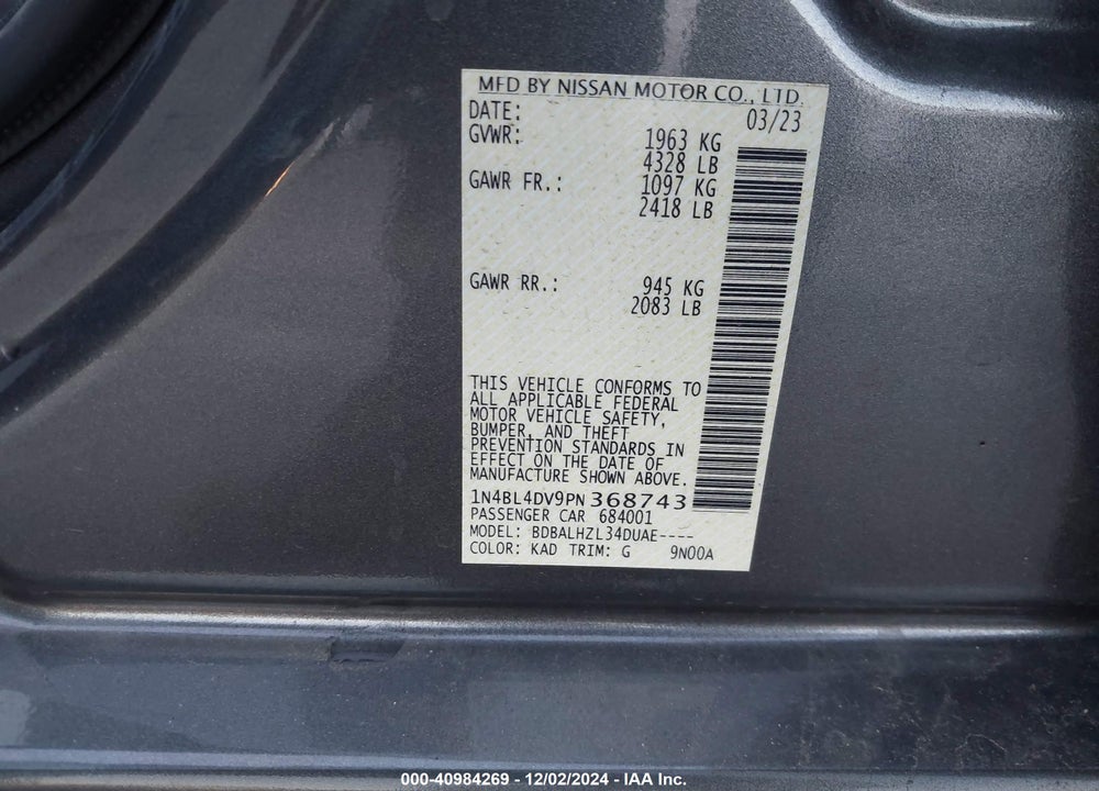 2023 NISSAN ALTIMA SV FWD VIN: 1N4BL4DV9PN368743