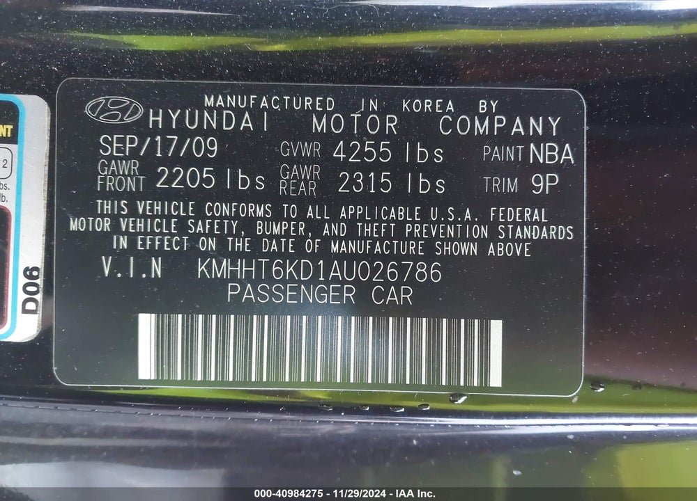 2010 HYUNDAI GENESIS VIN: KMHHT6KD1AU026786