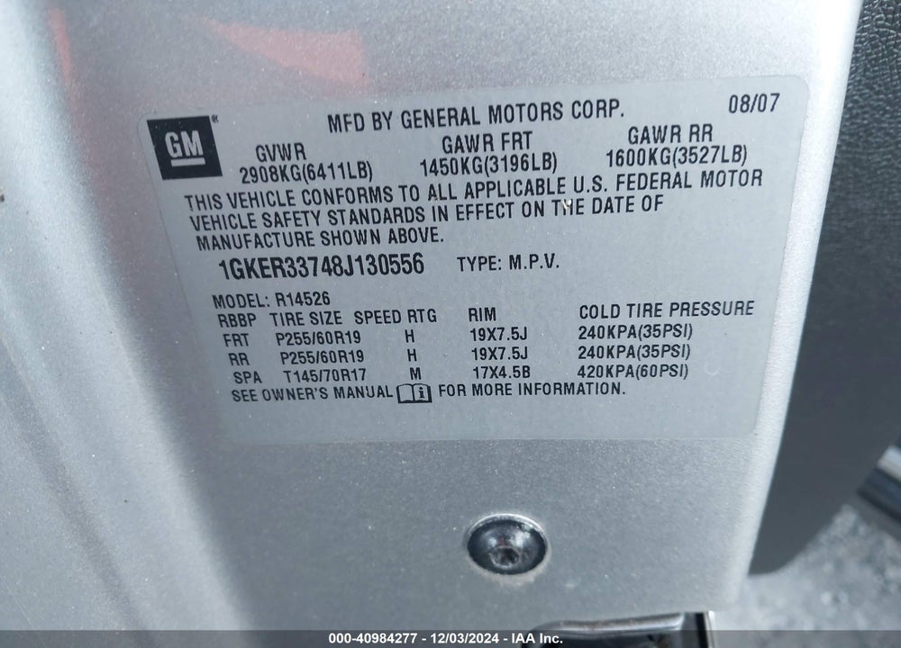 2008 GMC ACADIA SLT-2 VIN: 1GKER33748J130556