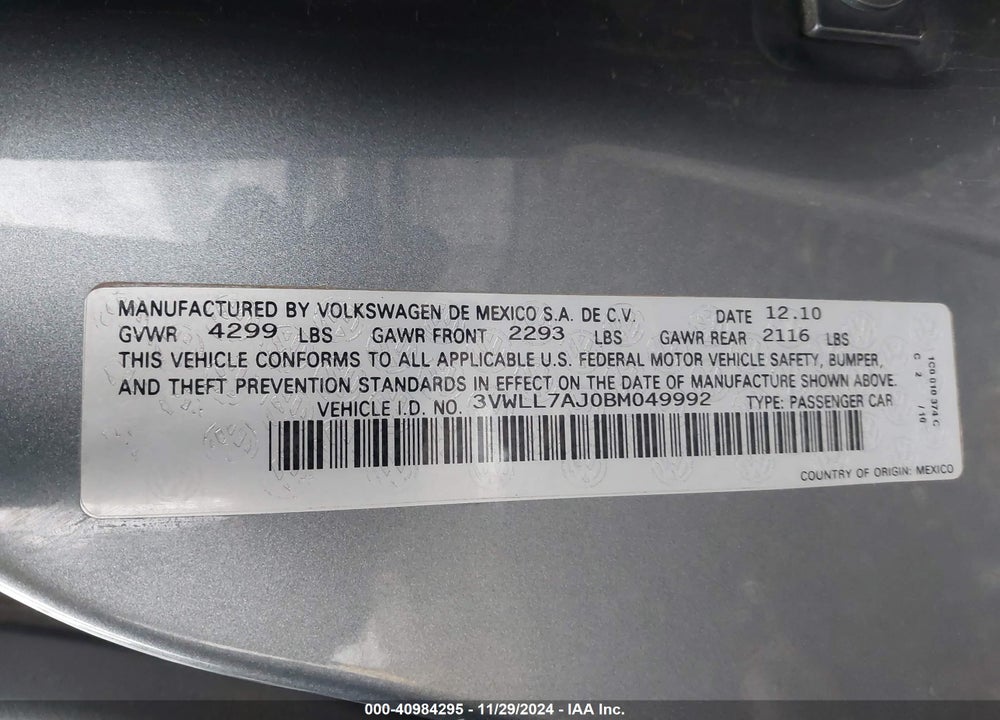 2011 VOLKSWAGEN JETTA 2.0L TDI VIN: 3VWLL7AJ0BM049992