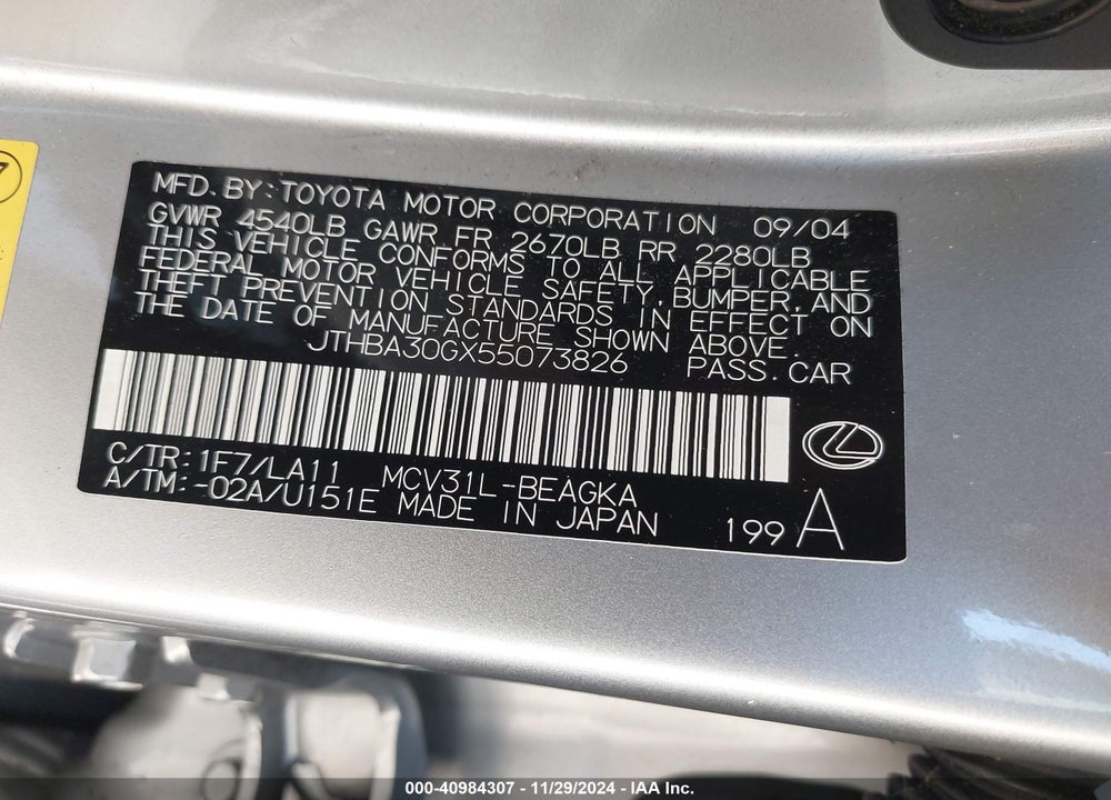 2005 LEXUS ES 330 VIN: JTHBA30GX55073826