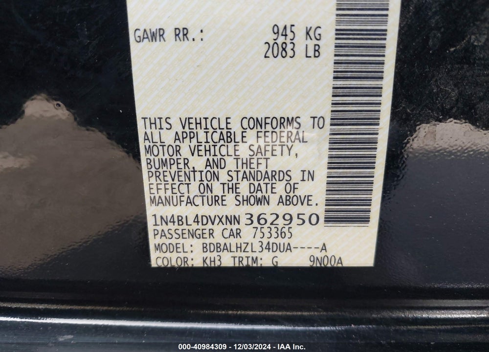2022 NISSAN ALTIMA VIN: 1N4BL4DVXNN362950