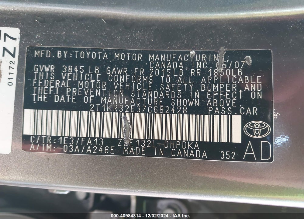 2007 TOYOTA MATRIX VIN: 2T1KR32E37C682428