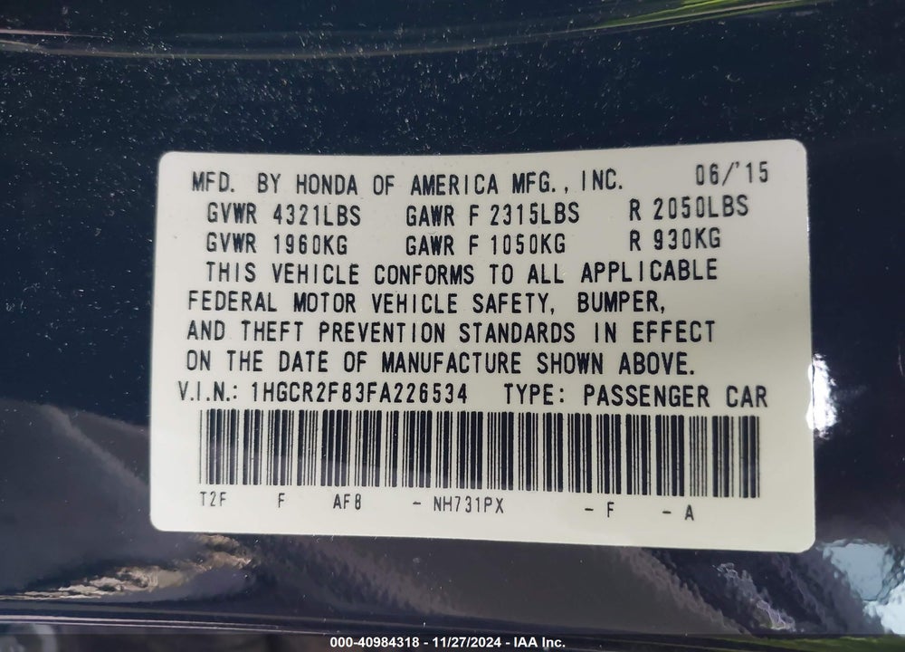 2015 HONDA ACCORD EX-L VIN: 1HGCR2F83FA226534