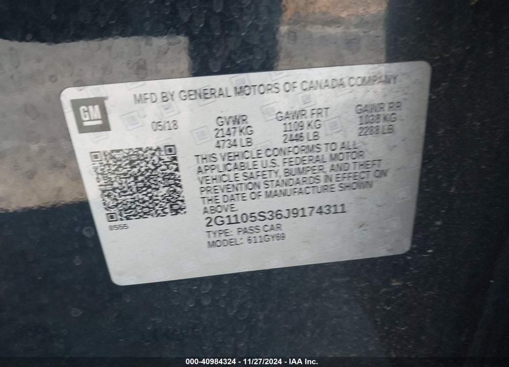 2018 CHEVROLET IMPALA 1LT VIN: 2G1105S36J9174311