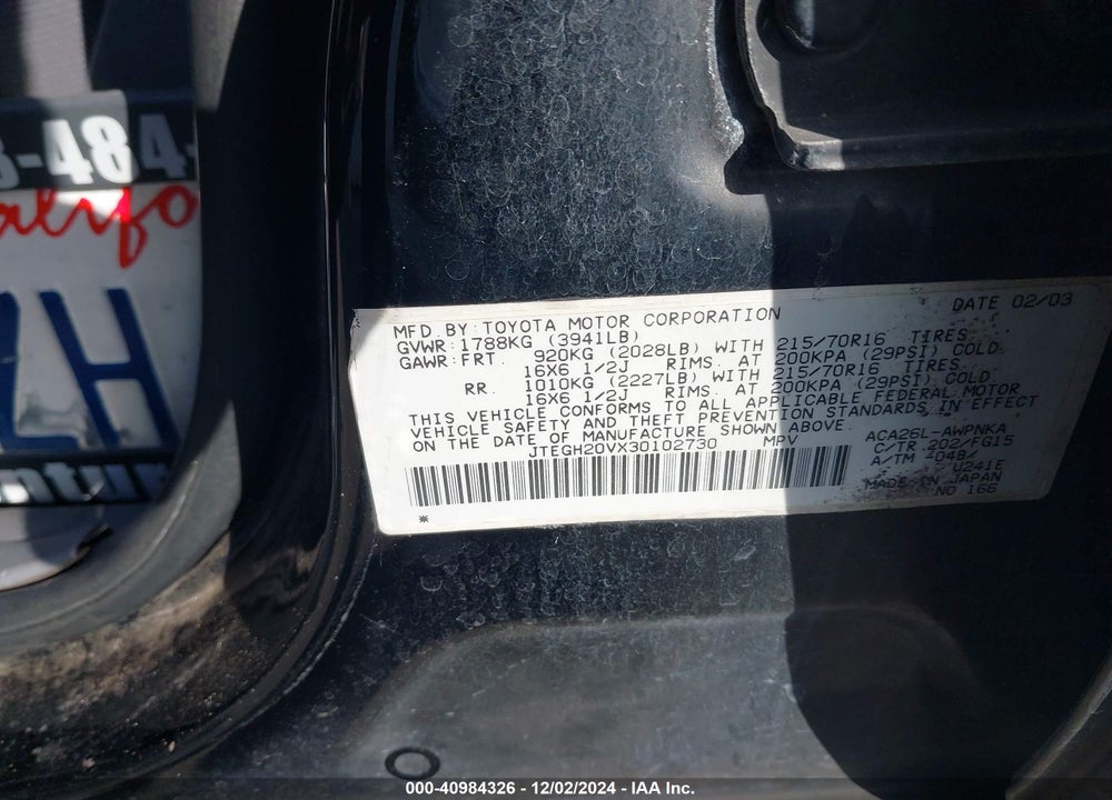 2003 TOYOTA RAV4 VIN: JTEGH20VX30102730