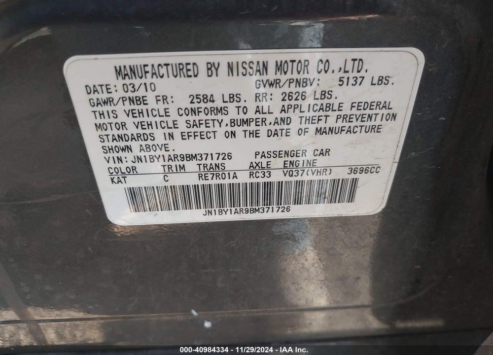 2011 INFINITI M37X VIN: JN1BY1AR9BM371726
