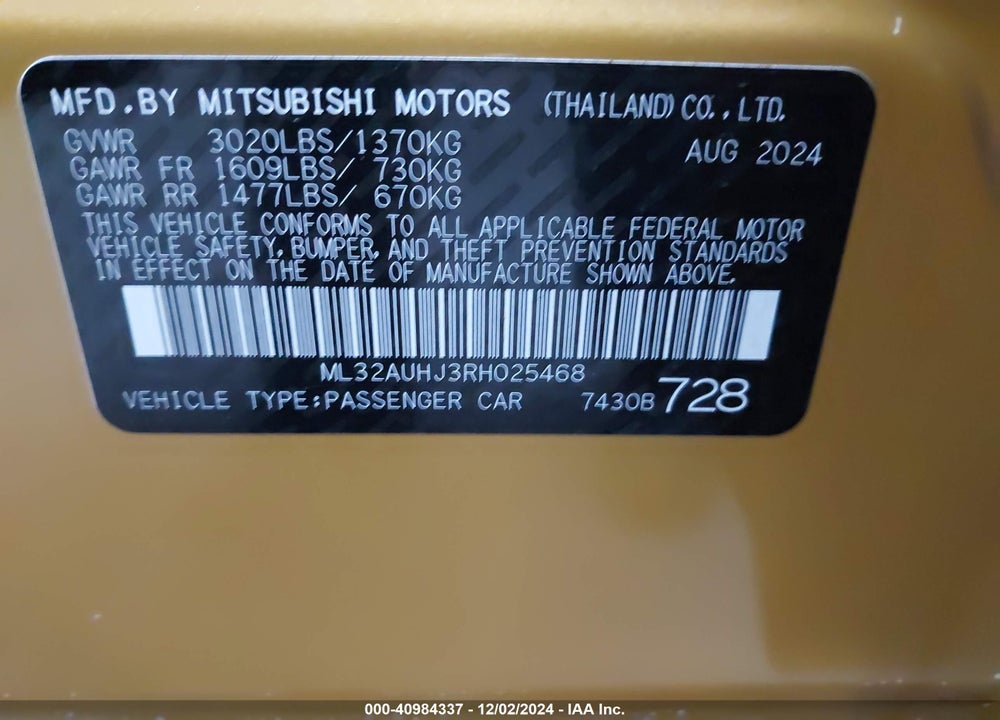 2024 MITSUBISHI MIRAGE ES/LE VIN: ML32AUHJ3RH025468