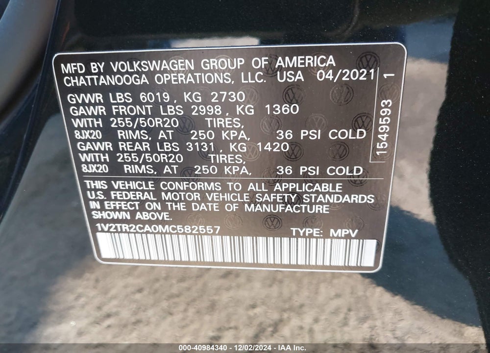 2021 VOLKSWAGEN ATLAS 3.6L V6 SEL PREMIUM VIN: 1V2TR2CA0MC582557