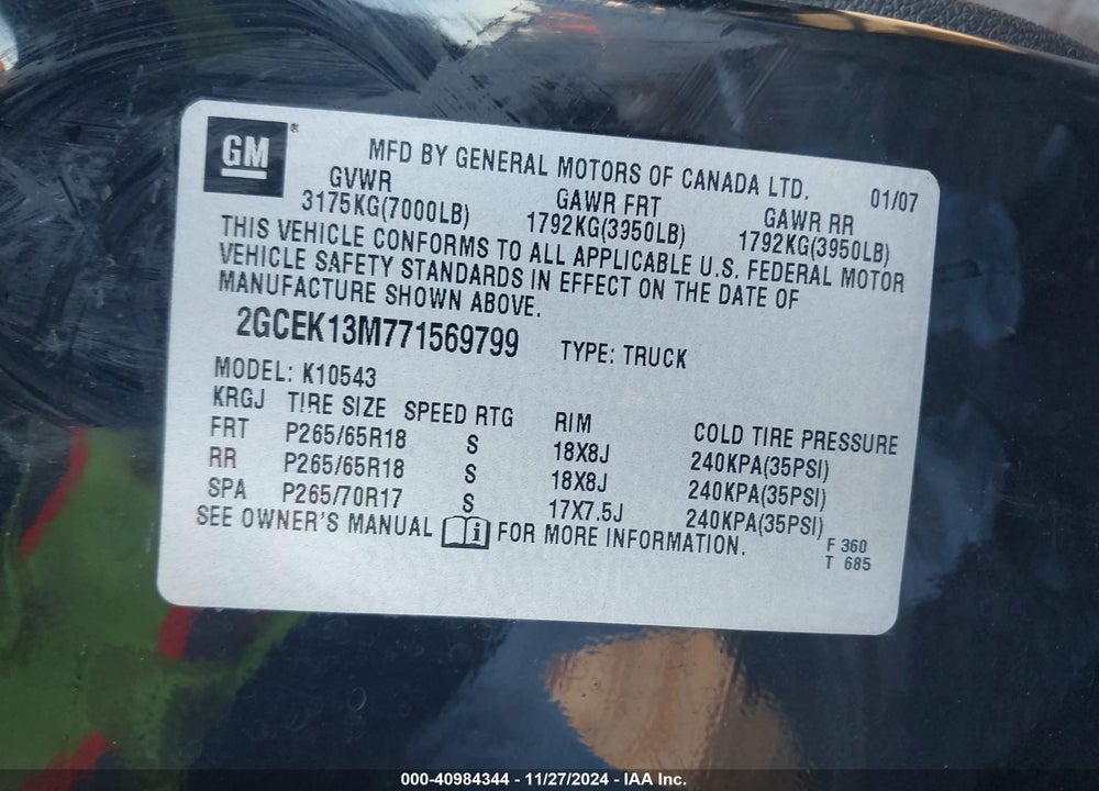 2007 CHEVROLET SILVERADO 1500 LT1 VIN: 2GCEK13M771569799