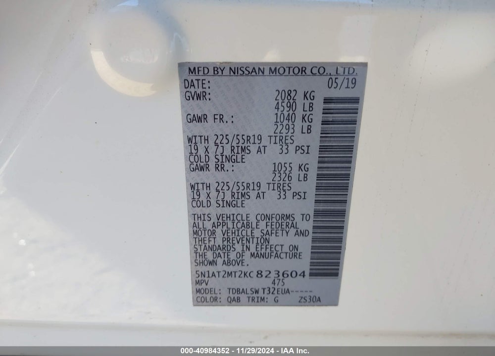 2019 NISSAN ROGUE SL VIN: 5N1AT2MT2KC823604