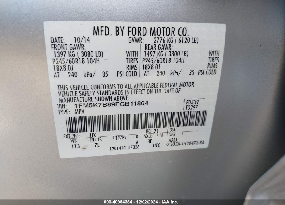 2015 FORD EXPLORER VIN: 1FM5K7B89FGB11864