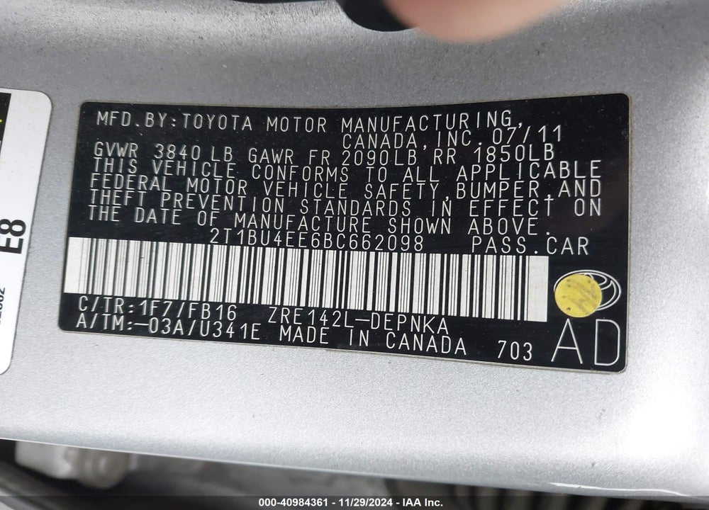 2011 TOYOTA COROLLA LE VIN: 2T1BU4EE6BC662098