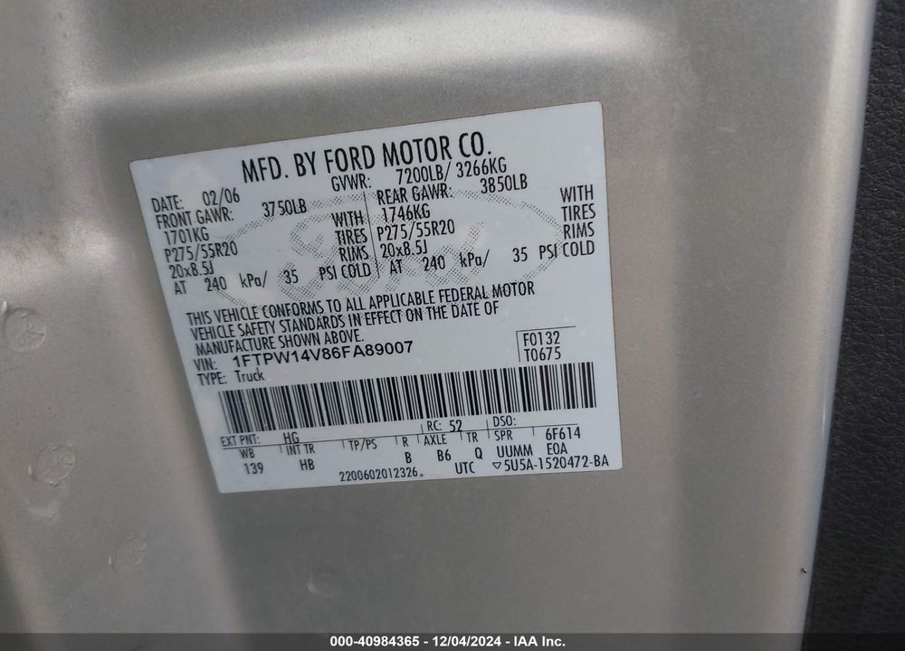 2006 FORD F-150 FX4/LARIAT/XLT VIN: 1FTPW14V86FA89007