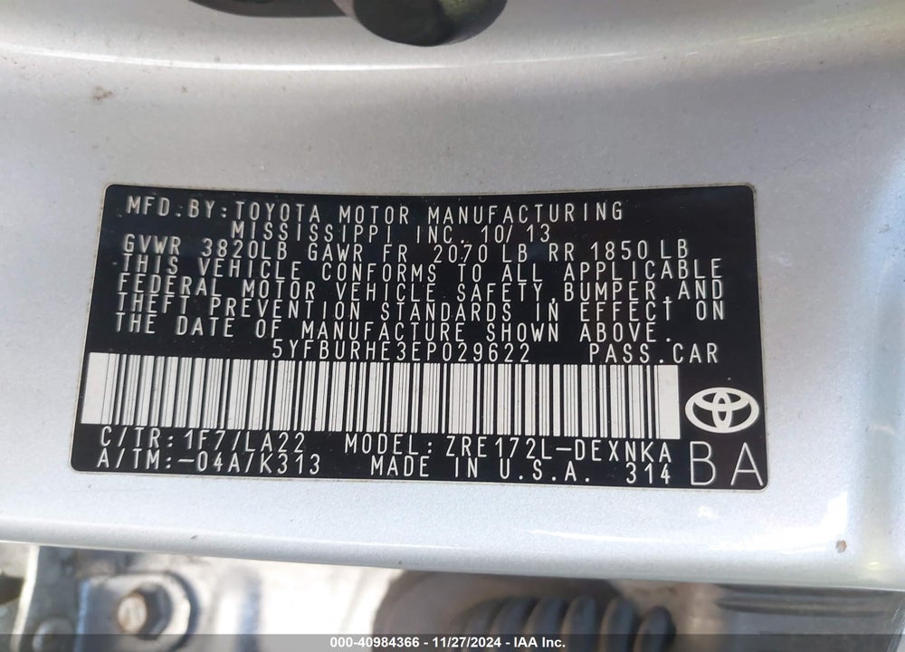2014 TOYOTA COROLLA L/LE/LE PLS/PRM/S/S PLS VIN: 5YFBURHE3EP029622