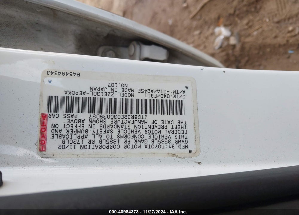 2003 TOYOTA COROLLA CE VIN: JTDBR32E030039037