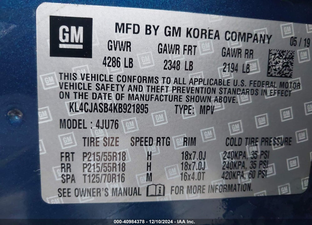 2019 BUICK ENCORE FWD PREFERRED VIN: KL4CJASB4KB921895