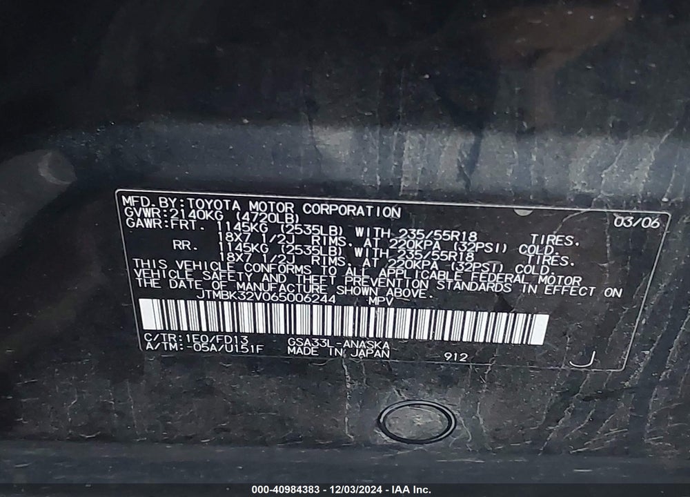 2006 TOYOTA RAV4 SPORT V6 VIN: JTMBK32V065006244