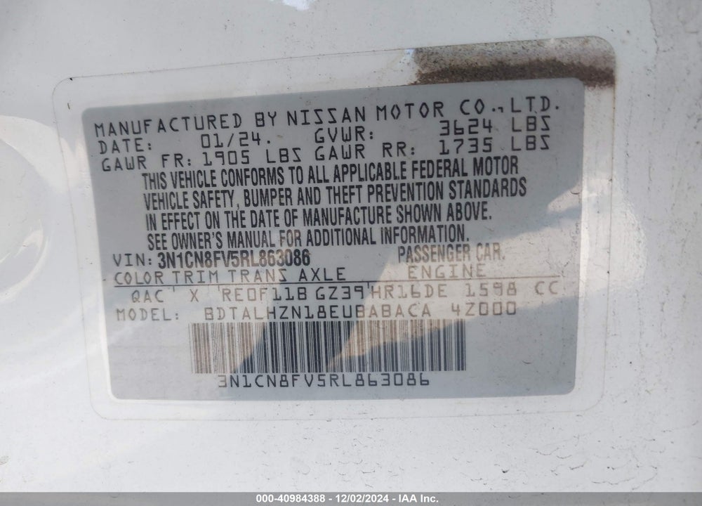 2024 NISSAN VERSA 1.6 SR VIN: 3N1CN8FV5RL863086