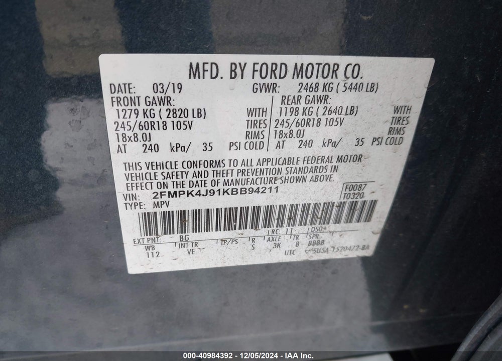 2019 FORD EDGE SEL VIN: 2FMPK4J91KBB94211