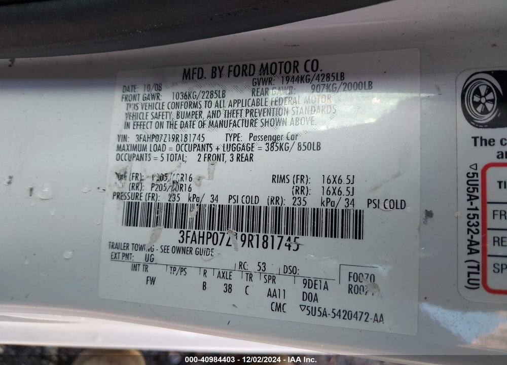 2009 FORD FUSION SE VIN: 3FAHP07Z19R181745