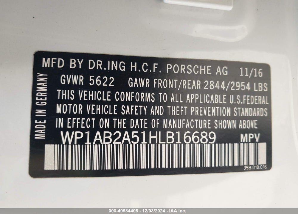 2017 PORSCHE MACAN S VIN: WP1AB2A51HLB16689