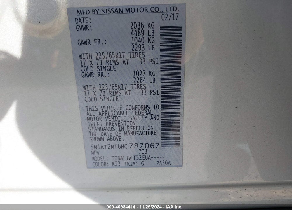2017 NISSAN ROGUE SV VIN: 5N1AT2MT6HC787067