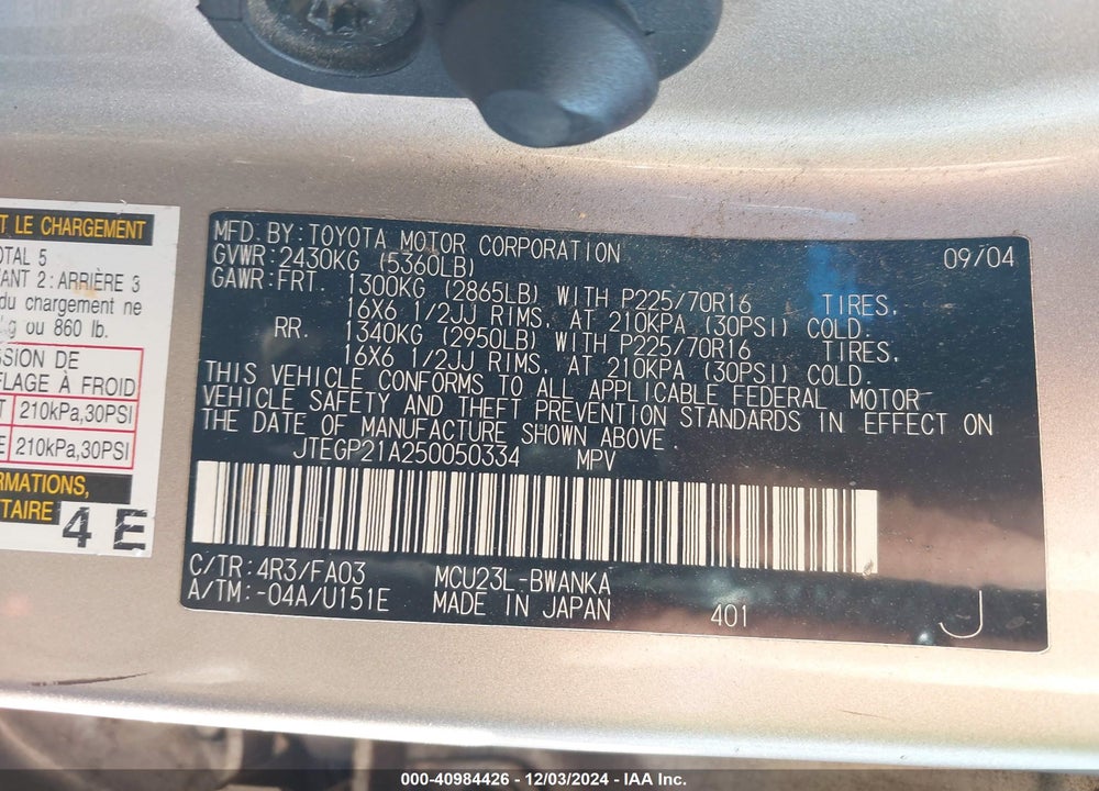 2005 TOYOTA HIGHLANDER V6 VIN: JTEGP21A250050334