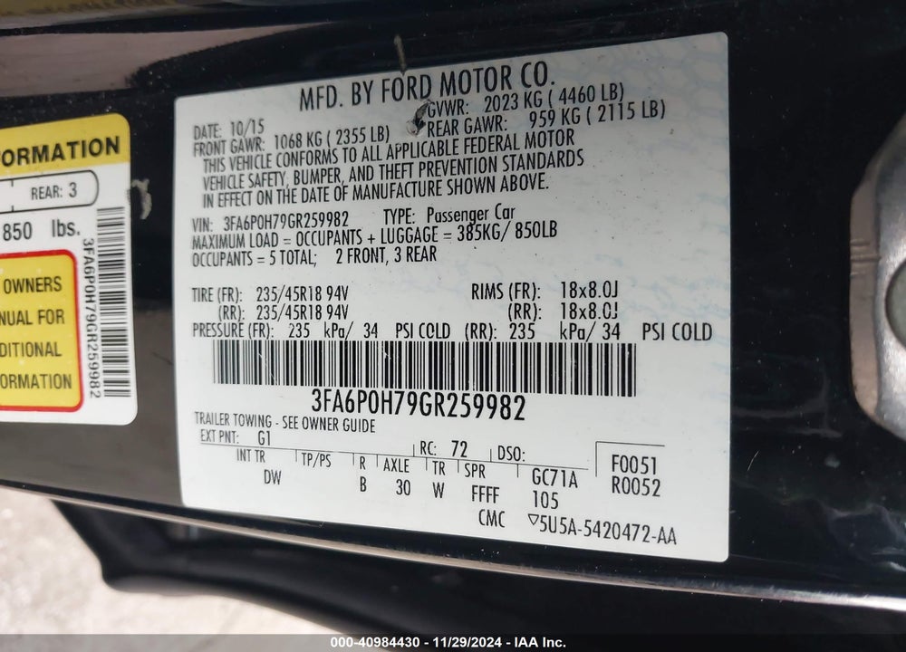 2016 FORD FUSION SE VIN: 3FA6P0H79GR259982