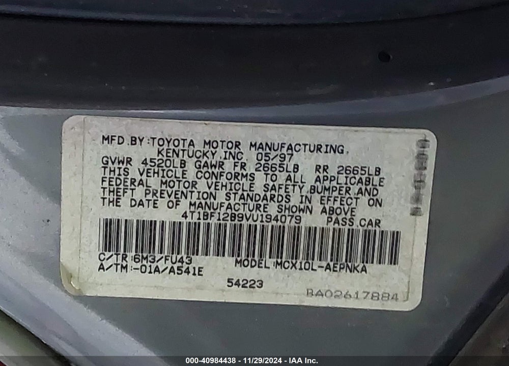1997 TOYOTA AVALON XL VIN: 4T1BF12B9VU194079