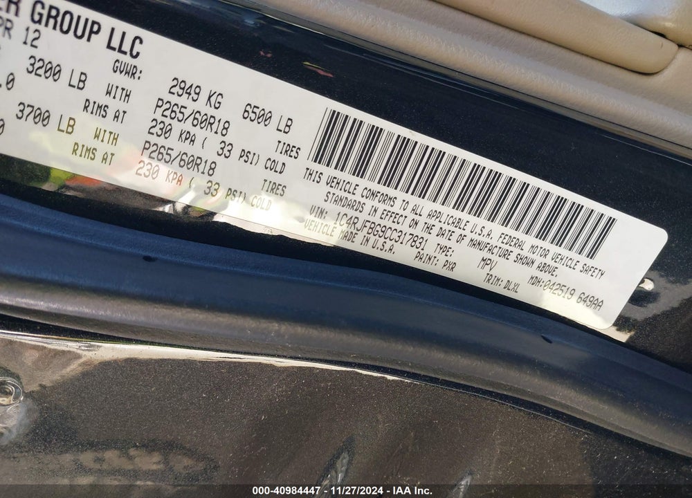 2012 JEEP GRAND CHEROKEE VIN: 1C4RJFBG9CC317831