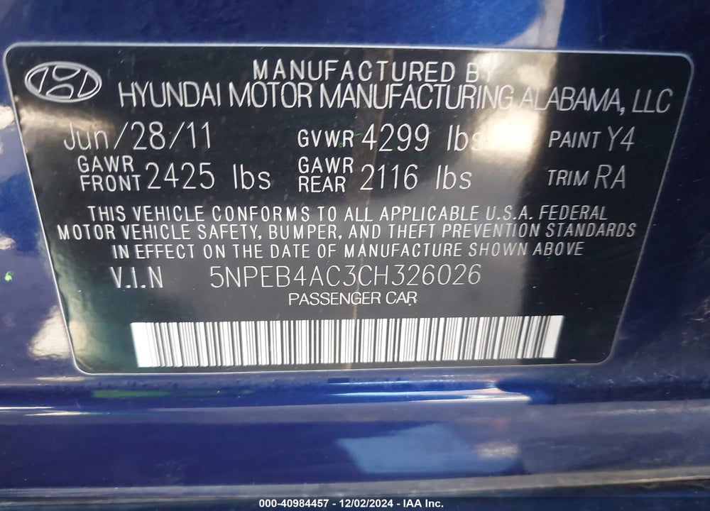 2012 HYUNDAI SONATA GLS VIN: 5NPEB4AC3CH326026