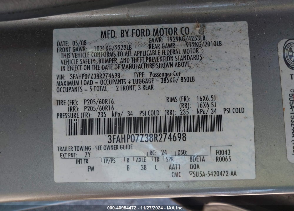 2008 FORD FUSION SE VIN: 3FAHP07Z38R274698