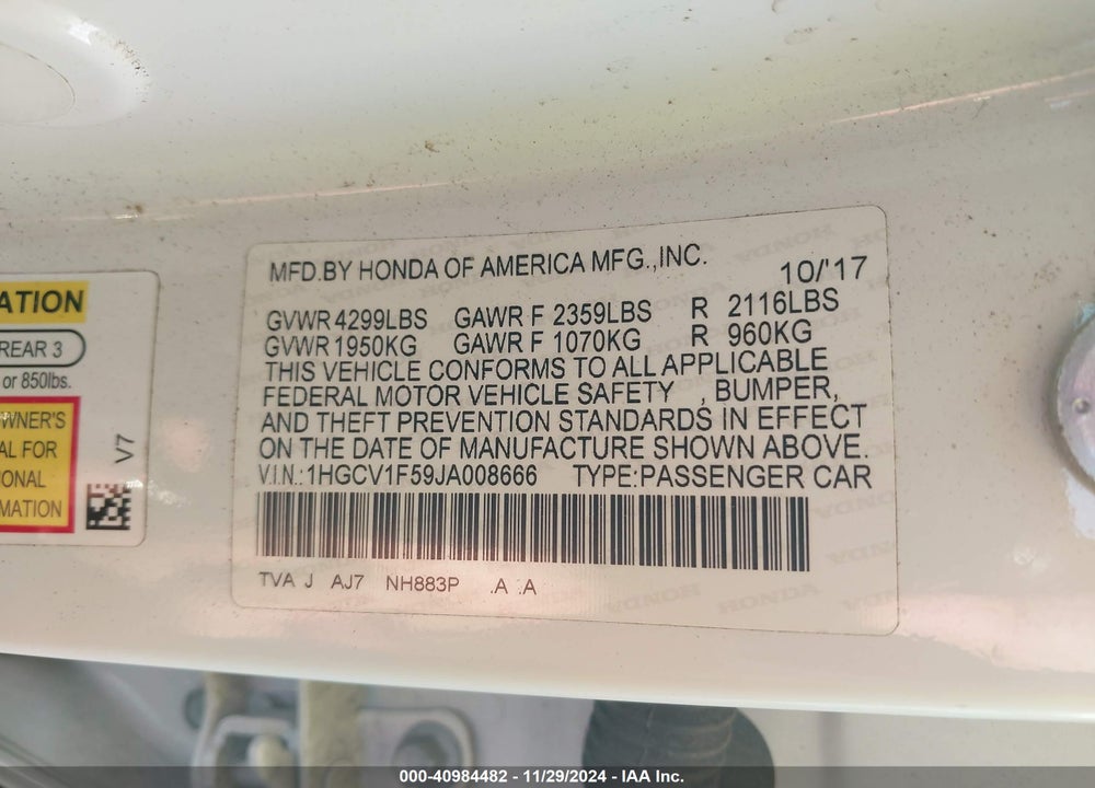 2018 HONDA ACCORD EX-L VIN: 1HGCV1F59JA008666