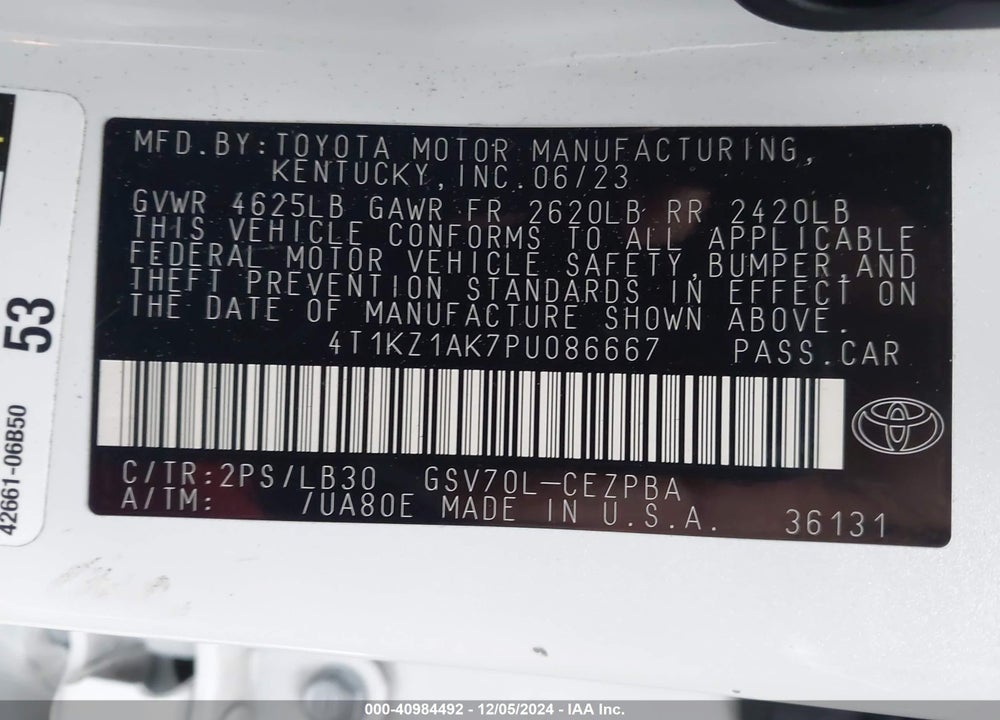2023 TOYOTA CAMRY XSE V6 VIN: 4T1KZ1AK7PU086667