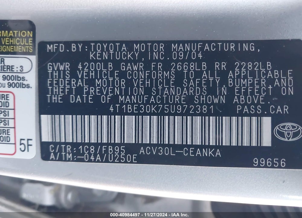 2005 TOYOTA CAMRY LE VIN: 4T1BE30K75U972381